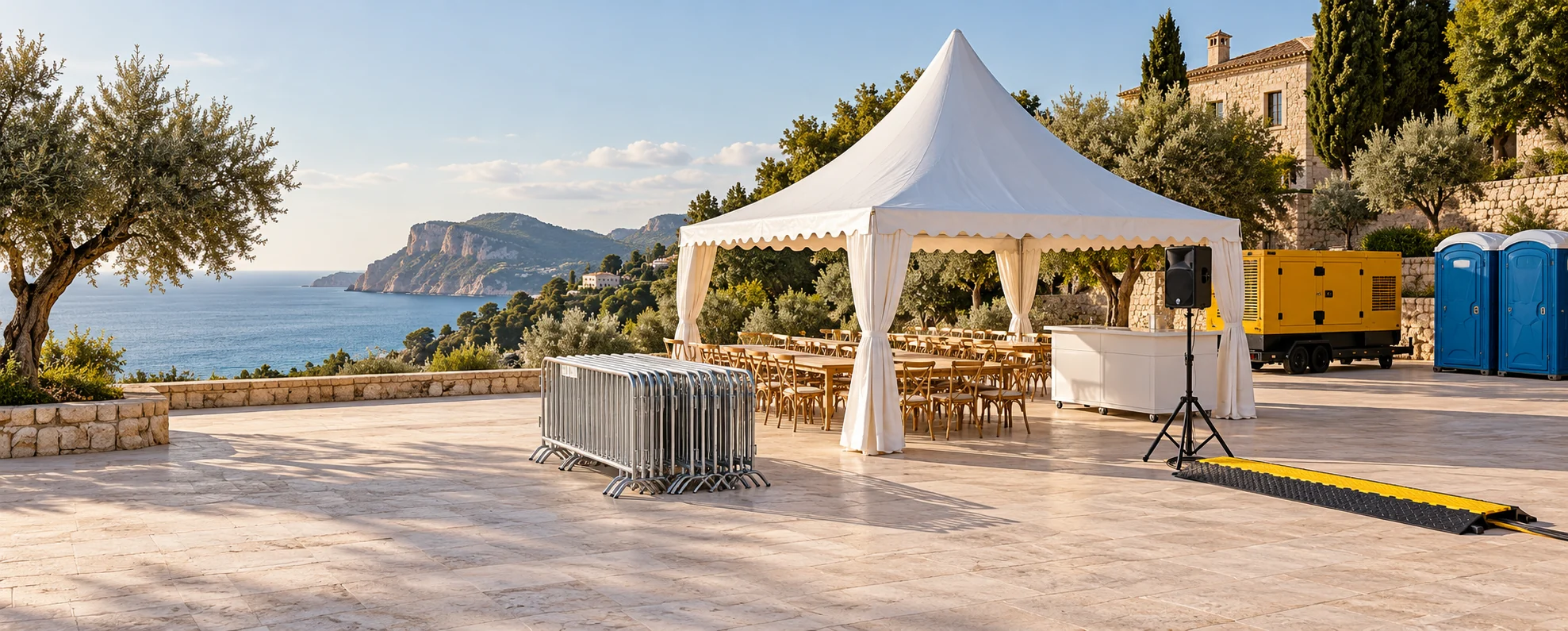 Event rentals in Mallorca with tents, chairs, tables, bar, technical equipment and generator