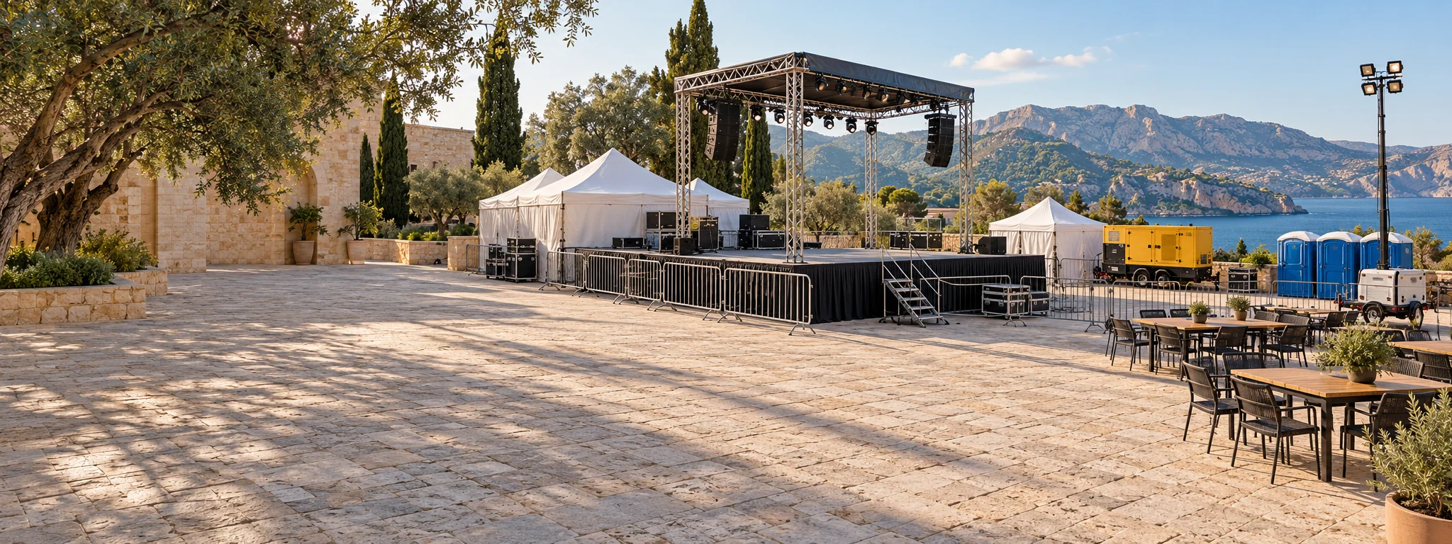 Festival equipment in Mallorca with stage, barriers and power supply